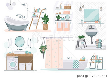 Bathroom. Cartoon toilet furniture. Restroom with white enameled bath and washbasin, automatic washer or laundry baskets. Shelves with toiletries, towels. Room interior mockups, vector set 73980621