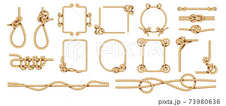 Rope border. Realistic hemp thread frames with knots and loops. 3D marine twisted jute cord. Square and round shapes from intertwined cables. Vector isolated decorative twine template 73980636
