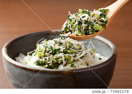 野沢菜ちりめんじゃことご飯の写真素材