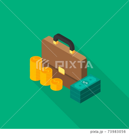 Briefcase, Dollar money cash icon, Gold coin stack left view icon vector isometric. 73983056
