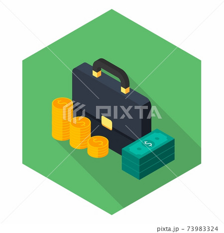 Briefcase, Dollar money cash icon, Gold coin stack left view icon vector isometric. 73983324