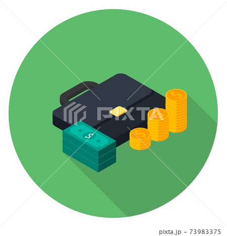 Briefcase, Dollar money cash icon, Gold coin stack right view icon vector isometric. 73983375