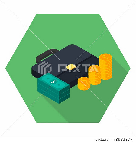 Briefcase, Dollar money cash icon, Gold coin stack right view icon vector isometric. 73983377