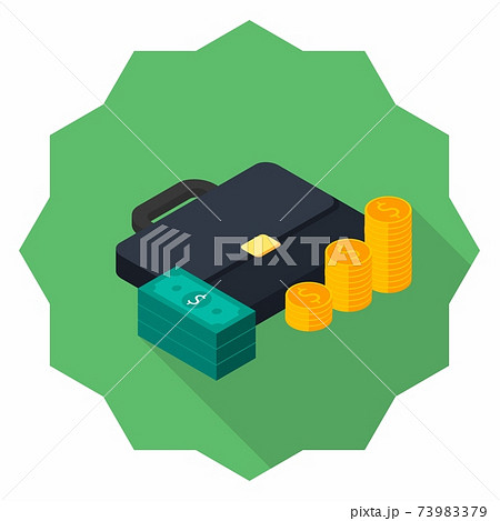 Briefcase, Dollar money cash icon, Gold coin stack right view icon vector isometric. 73983379