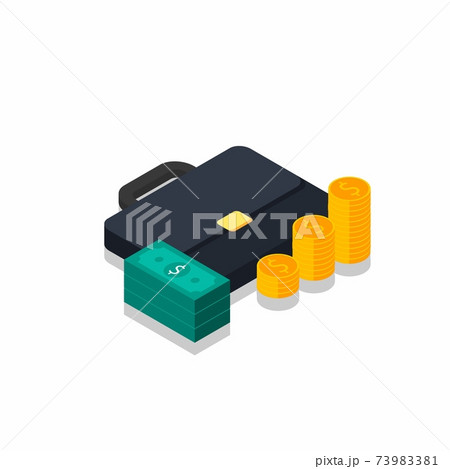 Briefcase, Dollar money cash icon, Gold coin stack right view Shadow icon vector isometric. 73983381