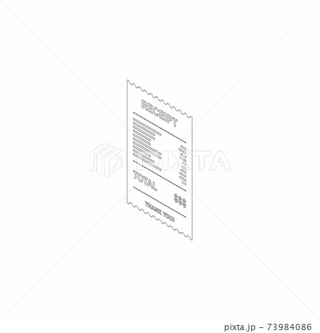 Receipt paper, bill check, invoice, cash receipt. Black outline. Left view isometric icon. 73984086