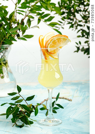 Glass of italian limoncello with citrus slices Glass of italian limoncello with citrus slices 73985088