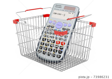 Shopping basket with scientific calculator. 3D rendering 73986231