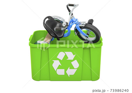 Recycling trashcan with children's tricycle, 3D rendering Recycling trashcan with children's tricycle, 3D rendering 73986240
