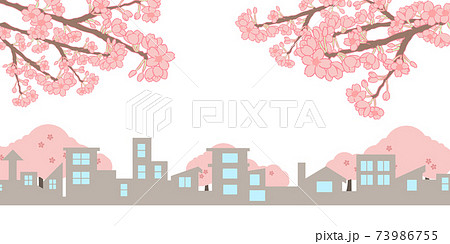 町並みシルエット　　桜の枝 73986755