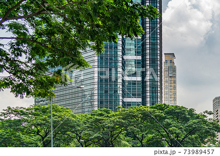 Futuristic financial tower and trees at the park outside building 73989457