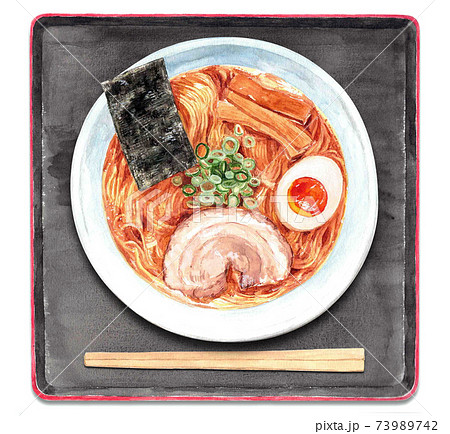 ラーメン-黒いお盆（水彩イラスト） 73989742