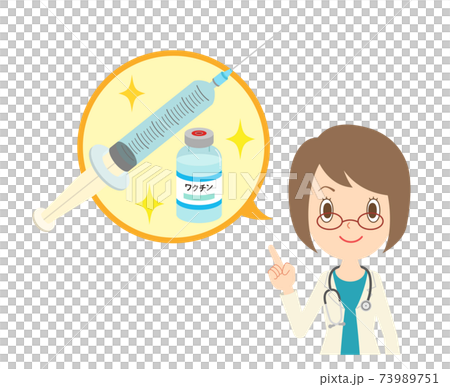 ワクチンの説明をする白衣の女性医師 73989751