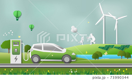 Green sustainable energy ecology development, environment friendly concept. Electric car power charging, family resting in natural park background. Green sustainable energy ecology development, environment friendly concept. Electric car power charging, family resting in natural park background. 73990344