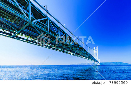 明石海峡大橋 別名 パールブリッジ ローアングルの写真素材