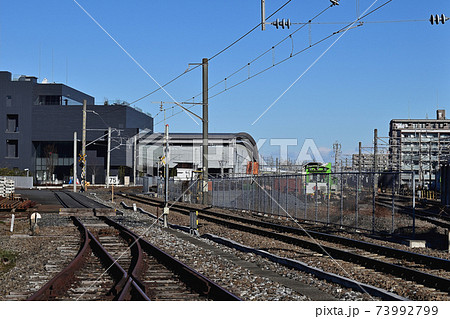 Jr大宮工場裏踏切から鉄道博物館の眺めの写真素材