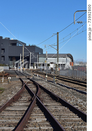Jr大宮工場裏踏切から鉄道博物館の眺めの写真素材