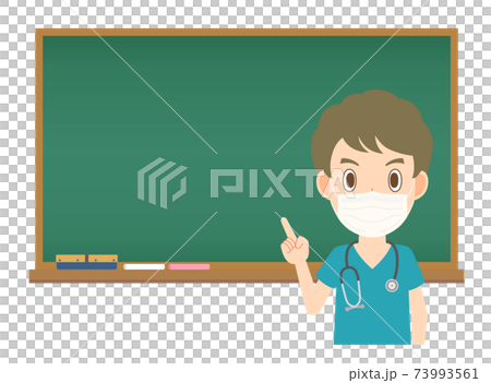 Male doctor with a mask explaining on the blackboard Male doctor with a mask explaining on the blackboard 73993561