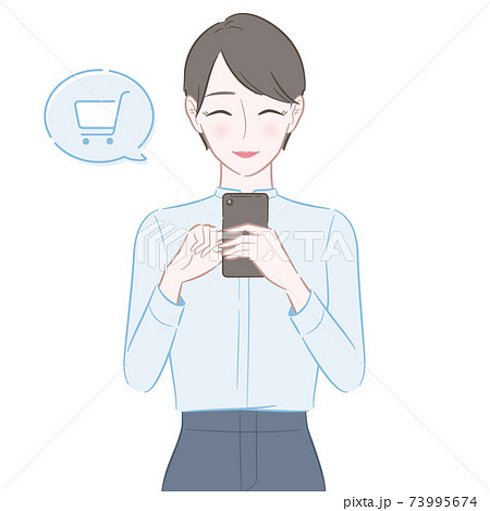 スマホでネットショッピングをする女性のイラストのイラスト素材