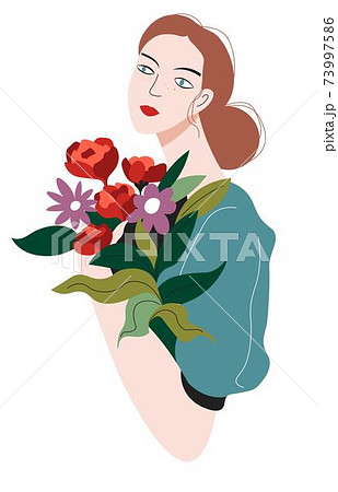 Thoughtful Female Character With Flower Bouquetのイラスト素材
