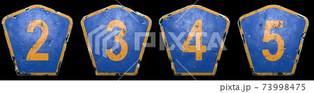 Set of public road signs in blue and orange color with a numbers 2, 3, 4, 5 in the center isolated black background. 3d 73998475