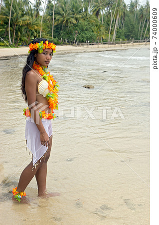 Woman in costume Hawaii Hula dancer Woman in costume Hawaii Hula dancer 74000609