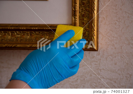 Cleaning with a sponge in a blue rubber glove Cleaning with a sponge in a blue rubber glove 74001327