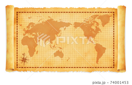 色褪せて丸まった古地図ベクターイラスト / 世界地図 色褪せて丸まった古地図ベクターイラスト / 世界地図 74001453
