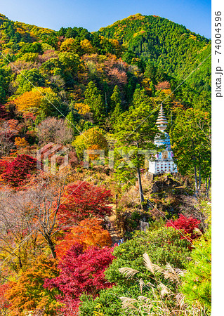 埼玉県 紅葉に包まれた 白雲山鳥居観音 納経塔 の写真素材