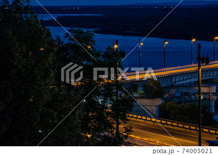 Bridge over the Amur river in Khabarovsk, Russia. Night photography. Bridge over the Amur river in Khabarovsk, Russia. Night photography. 74005021