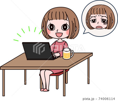リモート飲み会で断れなくてげんなりする女性 74006114