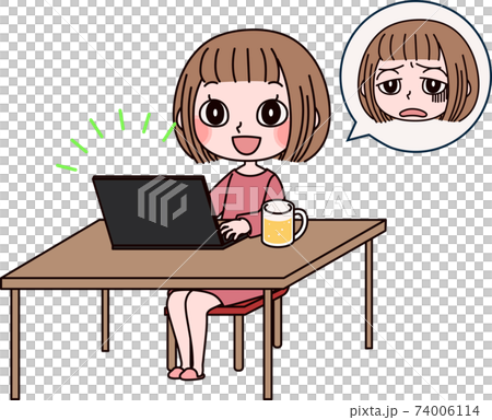 リモート飲み会で断れなくてげんなりする女性 74006114