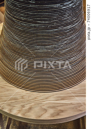 Joinery. Creative round shape coffee table made of mdf and natural wood Joinery. Creative round shape coffee table made of mdf and natural wood 74006917