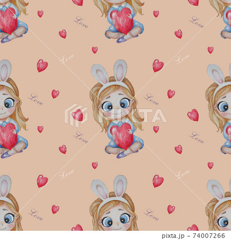 Seamless patterns. A cute girl with a hairdo and with rabbit ears on her head on a yellow background with hearts and the word love. Watercolor. Hand drawing 74007266