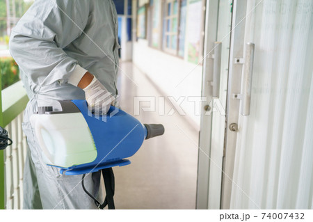 Disinfectant sprayers and germs that adhere on objects on the surface. prevent infection Covid 19 viruses or coronavirus And various pathogens. concept healthcare system ,stay safe and hand sanitizer. 74007432