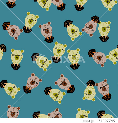 Random pale business bear with glasses and tuxedo shapes seamless pattern. Blue background. 74007745