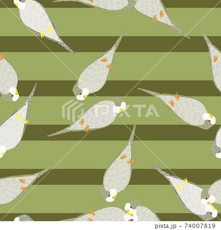Seamless pattern in pale tones with simple grey parrot silhouettes. Green olive striped background. 74007819