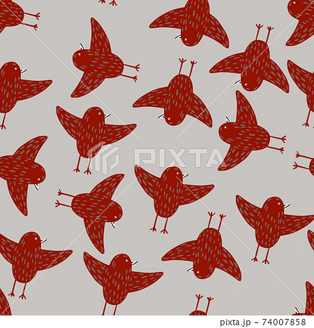 Random contrast seamless pattern with maroon flying birds ornament. Light blue background. 74007858