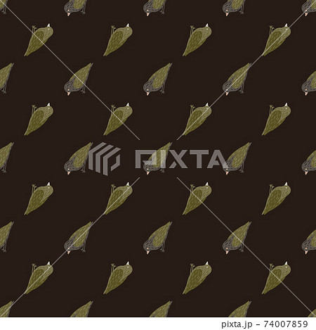 Zoology seamless pattern with doodle green pale birs silhouettes. Brown dark background. 74007859