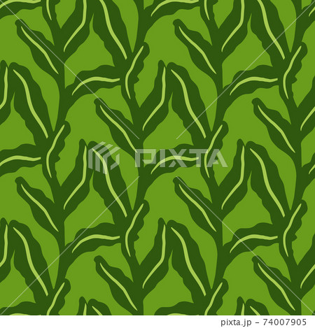 Spring seamless pattern with hand drawn exotic leaves foliage ornament. Green palette artwork. 74007905