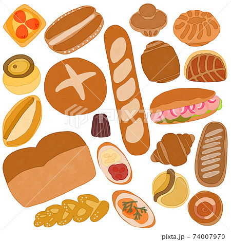 フランスのパン屋さんのパン 水彩画風 色々な種類のセットのイラスト素材