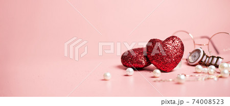 red hearts shiny, valentine's day fashion concept, on pink background, copy space, banner 74008523