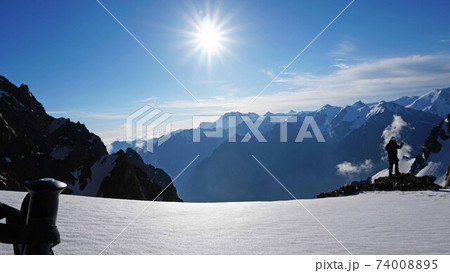 Trekking sticks on the background of snow peaks. 74008895