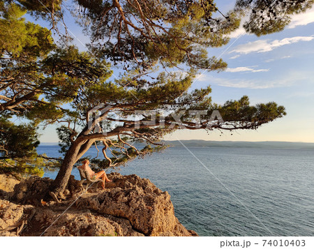 Pensive woman on vacations, sitting and relaxing under large pine tree on bench by dip blue sea enjoying beautiful sunset light in Brela, Makarska region, Dalmatia, Croatia Pensive woman on vacations, sitting and relaxing under large pine tree on bench by dip blue sea enjoying beautiful sunset light in Brela, Makarska region, Dalmatia, Croatia 74010403