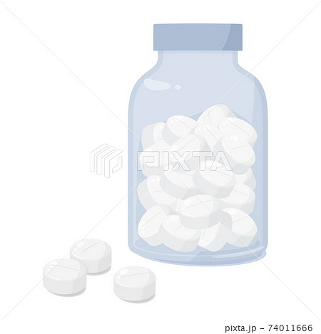 瓶に入った薬と飛び出した錠剤のイラストのイラスト素材
