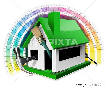 Model House with Work Tools and a Color Swatch Guide - Isolated on White 74012229