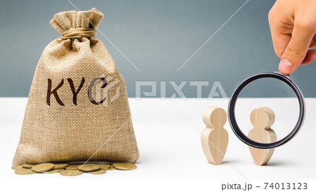 Money bag with the word KYC and two people. Know Your Customer Client concept. Verify the identity, suitability and risks involved with maintaining a business relationship. Anti-bribery compliance. 74013123