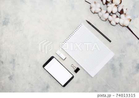 Flat lay composition with cotton branch and mobile telephone, note on gray background. Delicate white cotton flowers 74013315
