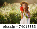 cute little girl in meadow with red poppies 74013333
