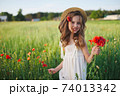 cute little girl in meadow with red poppies 74013342
